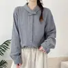 Camisa de manga comprida de gaze de algodão de camada dupla com gola de orelha de coelho estilo artístico para mulheres, top casual solto outono 2026