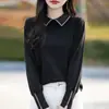 Suéter de punto de canalé de calibre alto con solapa de lana, tejido fino para primavera/verano, elegante lana Merino con calados de microdiamantes