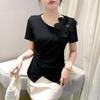 2024 Verano Nueva Moda Camiseta Irregular Diseño para Mujer Top Occidental Ajustado Manga Corta Camiseta Trendy