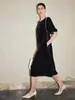 Vestido de Terciopelo de Seda para Mujer 2026 Otoño e Invierno Manga Corta Negra Manga Abullonada Falda de Seda Morada Hasta la Rodilla