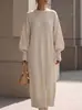 Nuevo vestido de punto de color liso con cuello redondo y mangas tipo linterna, corte holgado, europeo y americano, para mujer, vestido suéter largo de otoño e invierno