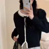 Cardigan Corto de Punto Estilo Coreano Otoño e Invierno Nuevo Estilo Dulce y Suave con Cordones y Lazo Combinación de Colores Suéter de Alta Gama para Mujer