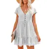 2022 Primavera y Verano Europeo y Americano Estación Independiente Amazon Cuello en V Botones Estampado Floral Pequeño Manga Corta Holgado Casual Vestido Mujer