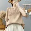 Camisa de Gaze de Algodão Dupla Camada com Decote V de Manga Curta para Mulheres no Verão, Solta e Versátil, Macia, Amiga da Pele, Respirável, Absorvente de Suor, Top 100% Algodão Puro