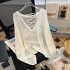 Kaning Listras Pretas e Brancas Malha de Seda Gelo Recortada Blusa Feminina Manga Longa Estilo Preguiçoso Solta Top Sexy Recortado