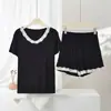 Estilo Nuevo de Verano Conjunto de Ropa para el Hogar para Mujer Holgado Transpirable con Ribete de Encaje Conjunto de Dos Piezas: Top de Pijama con Cuello en V de Modal y Pantalones