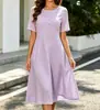 En stock 2026 nuevo vestido de trabajo elegante de cuello redondo, manga corta, abotonado, que ciñe la cintura, línea A, transfronterizo europeo y americano, comercio exterior