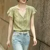 Camisa de Manga Corta Estilo Francés para Mujer, Nuevo Modelo Verano 2026, Mangas Ligeramente Volantes, Empalme de Encaje, Top Elegante y Adelgazante, Moderno
