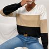 Bai Fen Zhi YiAmazon Transfronteiriço Outono e Inverno Casual Europeu e Americano Gola V Tricô Blusa Suéter de Manga Longa Color Block para Mulheres