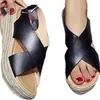 Sandálias Anabela Tamanho Grande Femininas Wish Amazon Europeias e Americanas Palha Corda de Cânhamo Encerada Bico Aberto Sapatos Romanos Sandálias Femininas Peep Toe Cruzadas