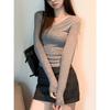 Foto Real # Camiseta Básica de Manga Larga para Mujer 2025 Nueva Top de Color Puro Estilo Coreano Versátil Cuello en V Hombro Derecho Camiseta para Mujer Otoño