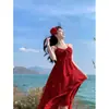 Vestido de Alcinha de Chiffon Vermelho Estilo Fada, Longo Elegante de Verão Estilo Francês com Babados nas Costas para Férias na Praia