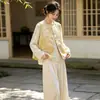 Calidad garantizada, rejuvenecedor, nuevo conjunto de camisa y chaleco de seda estilo chino con pantalones de pierna ancha, perfecto para primavera y otoño, con un diseño étnico retro