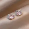 Pendientes de Plata con Forma de Oreja de Gato Rosa Dulce Estilo Coreano con Diamantes, Pequeños y Delicados, Pendientes Versátiles con un Toque de Lujo Ligero y Sensación de Alta Gama para Mujer