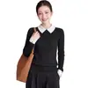 Suéter de Punto con Cuello de Color Contrastante de Moda para Mujer Otoño Invierno Adelgazante Manga Larga Capa Interior Superior Negro Camisa Versátil de Capa Base