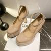 Tacones altos nude pequeños tacones gruesos para mujer pies no cansados charol anfitrión modelo de salón del automóvil plataforma impermeable zapatos de tacón superalto