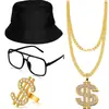 Traje de los 80 para Hombre Cosplay Hip Hop Punk Collar de Dólares Anillo Pendientes Gafas Sombrero de Pescador Traje