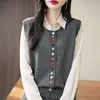Chaleco de Punto de Algodón Puro Versátil y Colorido con Botones, Cárdigan Tejido para Mujer, Chaleco Chaqueta Vintage sin Mangas para Superponer