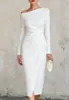 Site independente da Amazon europeia e americana: Vestido ombro a ombro, acinturado, de mangas compridas e plissado, adequado para banquetes e para o dia a dia.