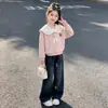 Conjunto de Moletom Outono para Meninas 2026 Novo Moda Gola Azul Marinho Moletom e Jeans Conjunto de Duas Peças para Crianças Maiores