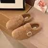 Mocasines de Moda Perezosos de Invierno Suela Plana Pantuflas de Algodón Pantuflas de Piel con Felpa Ropa de Exterior para Mujer 2026 Hebilla Slip-on