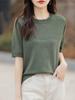 Camiseta de manga corta de seda de hielo para mujer, cuello redondo fino, parte superior holgada, prenda de punto corta con corte en el hombro derecho para verano.