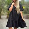 2024 Amazon Novo Verão Europeu e Americano Feminino Transparente Doce Casual Decote em V Plissado Vestido de Cor Sólida