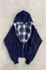 Conjunto de moletom com capuz retrô estilo INS outono e inverno transfronteiriço, apresentando um design falso de duas peças com uma camisa xadrez e uma jaqueta com zíper