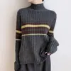 Suéter de punto casual transfronterizo para mujer, de canalé, cuello alto medio, ajuste holgado, a rayas, bloques de color, manga larga, para otoño e invierno, camiseta base de punto