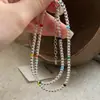 Colar de Prata de Lei S925 com Contas Coloridas de Vidro e Contas de Cristal Branco Corrente Fina para Clavícula Ins Camadas Dopamina Contas Redondas