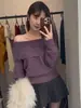 Suéter Sexy de Lantejoulas com Ombro Só Feminino 2026 Outono/Inverno Novo Estilo Vibe Tricô Decotado Toque de Luxo Suéter Tendência