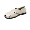 Sandalias cerradas tejidas de fondo plano para mujer, estilo romano, slip-on con tiras cruzadas, zapatos casuales cómodos y transpirables, sandalias romanas para mujer
