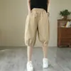 AlgodónVerano Delgados Casuales Pantalones Cortos Mujer Sueltos Tallas Grandes Cintura Alta Pantalones de Cinco Puntos Pierna Ancha Cintura Elástica Pantalones Harem
