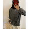 Estilo Estable en Vivo Otoño Nuevo Retro Versátil para Viajar Camiseta Base de Manga Larga Rayada Gris Bordada Suelta para Mujer