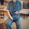 Camiseta de algodón y lino estilo chino con cuello mao para hombre, traje casual, juvenil, color liso, retro, simple, ropa para el hogar, ropa zen, traje de dos piezas