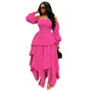 11135 Marca Independente Elegante Conjunto de Duas Peças Feminino de Outono com Ombro a Ombro, Mangas Bufantes e Saia Irregular em Camadas Suporta Personalização
