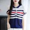 Camiseta de Punto Manga Corta con Cuello Polo de Lyocell 2026 Verano Nuevo Estilo Rayas Bloque de Color Botones Ropa para Mujer