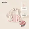 Vestido Infantil Feminino Bonsun Conjunto com Bolsa de Coelho Desenho Animado Estilo Chinês Vestido Infantil com Acabamento em Pelo Vestido de Ano Novo para Bebê