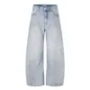 Calça Jeans Scimitar Azul Lavado Retrô Americano 11Kn para Homens e Mulheres, Solta Desconstruída Textura Rústica Desgastada Casual Wide-Leg