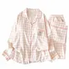 Tamanho Grande Em Estoque Conjunto de Pijama Xadrez Rosa Algodão Nuvem Bordado Gatinho para Mulheres, Gola Lapela, Primavera/Outono, Pode Ser Usado Fora de Casa, Conjunto para Casa