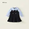 Vestido infantil de manga longa, gola de camisa, vestido patchwork, saia em camadas (tipo bolo), novo estilo de comércio exterior para primavera e outono de 2026, para idades de 3 a 8 anos