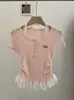 Playera de Punto de Manga Corta con Cuello Halter y Encaje para Mujer, Diseño de Verano 2025, Top Delgado y Versátil