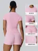 Conjunto de Yoga Europeo y Americano Sensación Nude Secado Rápido Doble Mate Manga Corta Deportiva Pantalones de Yoga de Cintura Alta Conjunto de Dos Piezas 52239+62428