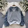 Blusa feminina estilo coreano solta, falsa de duas peças, outono novo, casual, versátil, plissada, costura jeans, suéter listrado