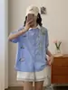 Verão Novo Estilo Desenho Animado Bordado Pônei Color Block Gola Camisa Manga Curta Estilo Coreano Solta Listrada Camisa Top Atacado