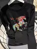 Camiseta de Manga Larga Lisa Nueva para Mujer Primavera y Otoño 2026 con Estampado de Caballo con Pedrería, Corte Ajustado, Versátil Top Base Layer Tendencia