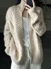 Suéter de Lã Pesado Extra Grosso Feminino Fleece Gola Alta Cardigã com Zíper Top Tricô Cabo Larga Preguiçosa Roupa Exterior