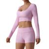 Top de Yoga Acanalado Ajustado para Mujer Otoño e Invierno, de Manga Larga, Corte Corto, que Muestra el Ombligo, Adelgazante, Transpirable, de Secado Rápido, Ropa Deportiva para Fitness