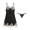 Precioso Conjunto de Hogar con Camisola de Satén Transparente Acolchada con Parches de Encaje y Bata de Malla 1048