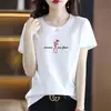Camiseta de Algodão Puro de Alta Qualidade com Manga Curta para Mulheres Verão Novo Estilo Coreano Simples Diário Acessível Luxo Camiseta Gola Redonda Top Estampado